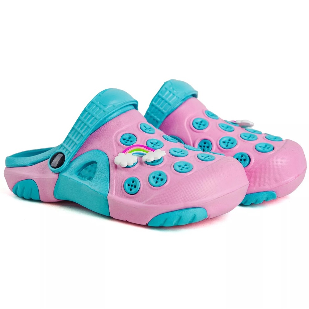 Kids Pink and Blue Clogs with Rainbow Charm